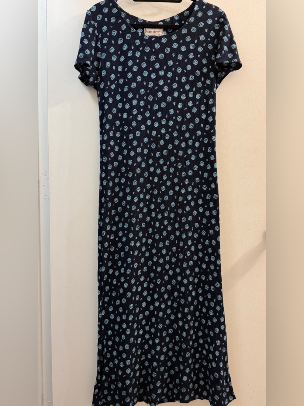 VTG Karin Stevens Blue Swirl Crinkle Rayon Maxi Dress 12 - Picture 2 of 10